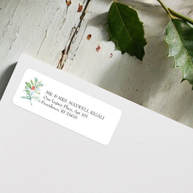 Returetiketter för vattenfärg jul returadress etikett (Christmas return address label feature watercolor botanicals in red & green by Victoria Grigaliunas)