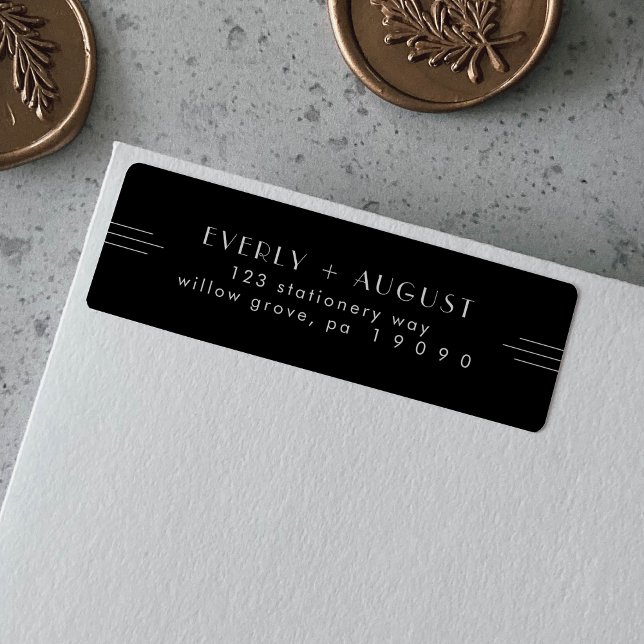Returetiketter med modern konsthändelse, svart returadress etikett (EVERLY Modern Art Deco Black Return Address Labels)