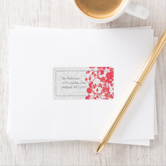 Returetiketterna Coral Fuchsia Ro Damask Adressetikett (Insitu)