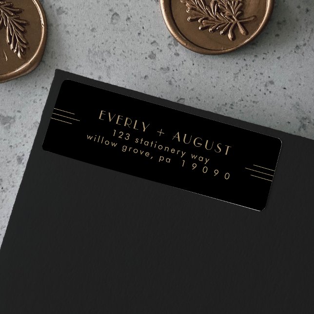 Returetiketterna EVERT Art Deco Black Guld Returadress Etikett (EVERLY Art Deco Black Gold Return Address Labels)