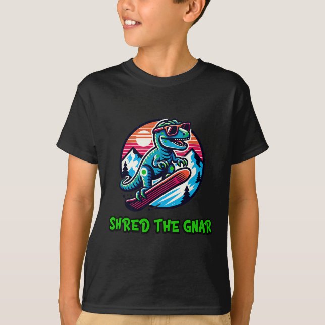 Reva Gnar Roligt Snowboard Dinosaurie T-Rex Vinter T Shirt (Framsida)
