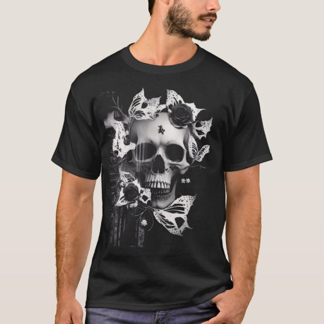 Revenants Embrace: Black and White Graphic Skull T Shirt (Framsida)