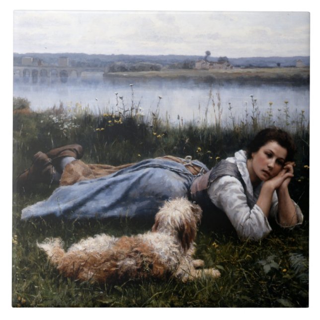 Reverie (flicka som Ljuger på Grass med sin Hund) Kakelplatta (Framsidan)