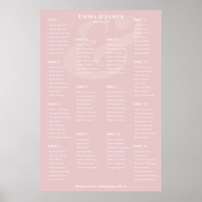 REVERSE Blush Ampersand Bröllop | 14 Bordplan Poster (Framsidan)