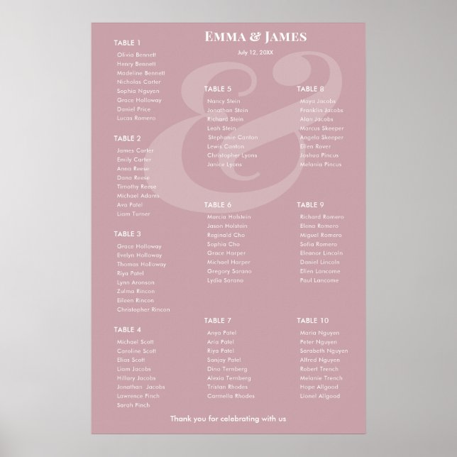 REVERSE Mauve Ampersand Bröllop | 10 Bordsplacerin Poster (Framsidan)