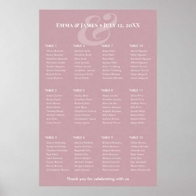 REVERSE Mauve Ampersand Bröllop | 12 Bordsplacerin Poster (Framsidan)