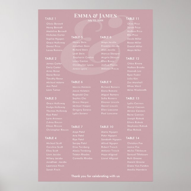 REVERSE Mauve Et-tecken Bröllop | 14 Placeringspla Poster (Framsidan)