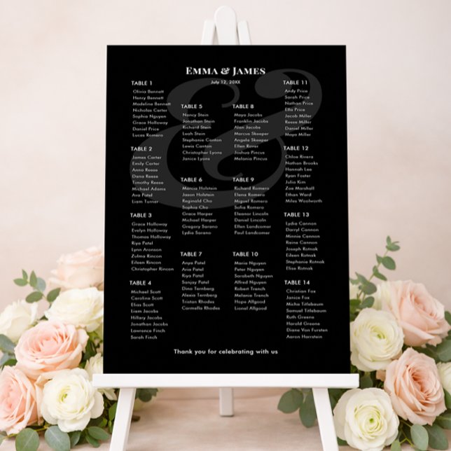 REVERSE Svart Ampersand Bröllop | 14 Bordplan Poster (Minimalist black wedding seating chart for 14 with white text and modern ampersand layout.)