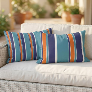 Reversibel teal blå grön orange vit rand lumbarkudde