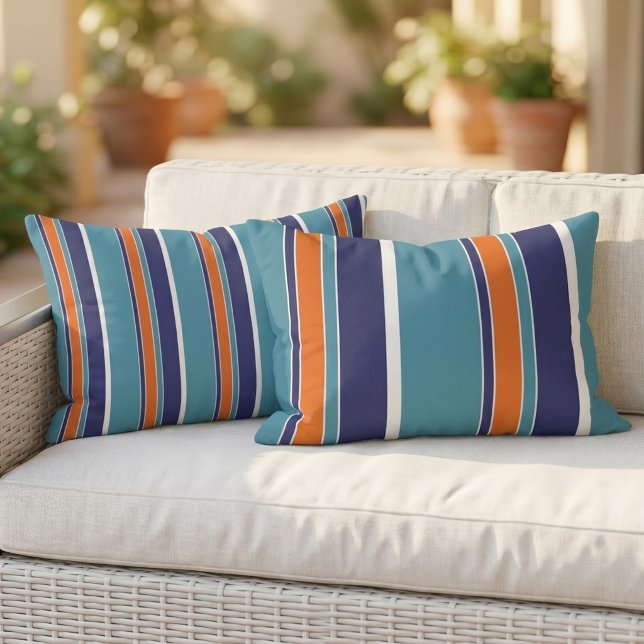 Reversibel teal blå grön orange vit rand lumbarkudde (Skapare uppladdad)