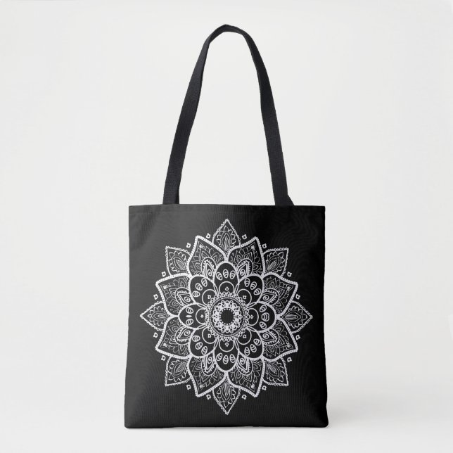Reversible Black & White Blommigt Mandala Tygkasse (Framsida)