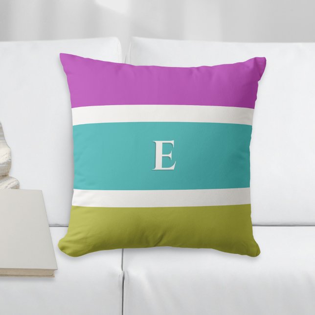 Reversible Bright Rand Modern Initial Monogram Kudde (A monogrammed throw pillow with wide color block stripes in magenta pink, aqua blue and lime green)