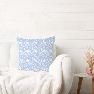 Reversible Light Blue White Blommigt Dot Streck Kudde