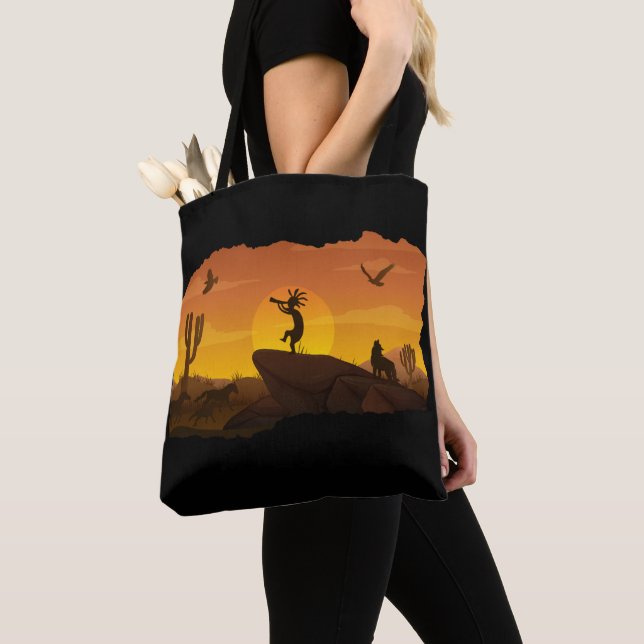 Reversible Native American Kokopelli Tote Bag Tygkasse (Närbild)
