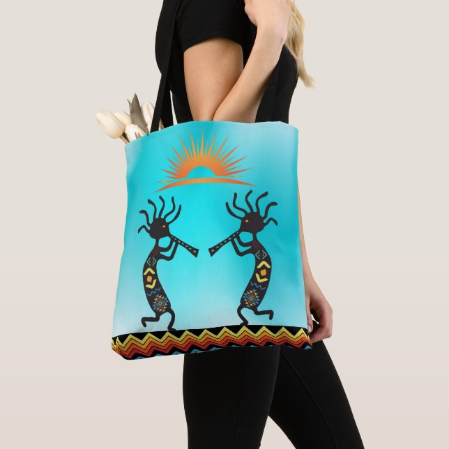 Reversible Native American Kokopelli Tote Bag Tygkasse (Närbild)