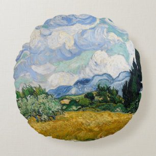 Reversible Van Gogh Wheat Fält med Cypresses Rund Kudde