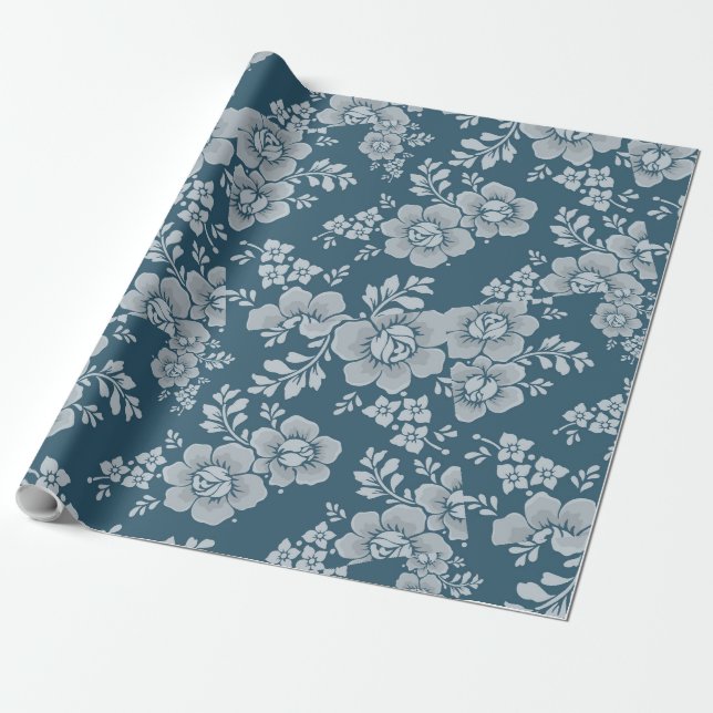 Reversible White Flowers Foliage Blue Background Presentpapper (Utrullad)