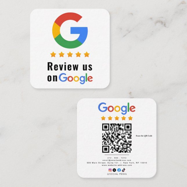Review Google Review QR Code Google Ratings Fyrkantigt Visitkort (Fram/baksida)