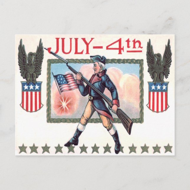 Revolutionär krigssoldat amerikansk flaggsköld vykort (Framsida)
