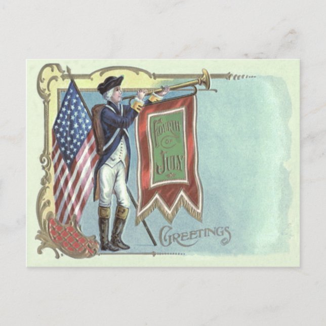 Revolutionary Krig Soldier American Flagga Horn Vykort (Framsida)