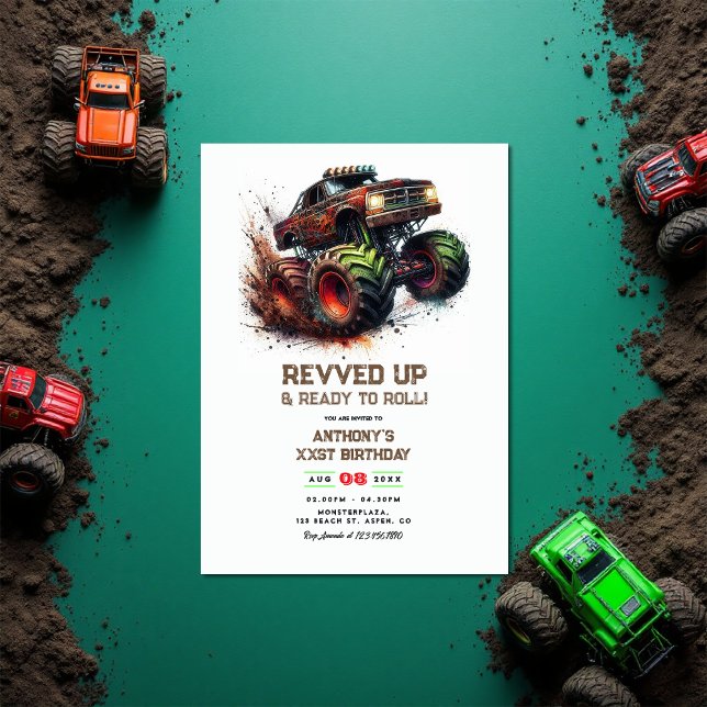 "Revved Up & Redo to Roll" Monster Lastbil Birthda Inbjudningar (“Revved Up & Ready to Roll” Monster Truck Birthday Invitation)