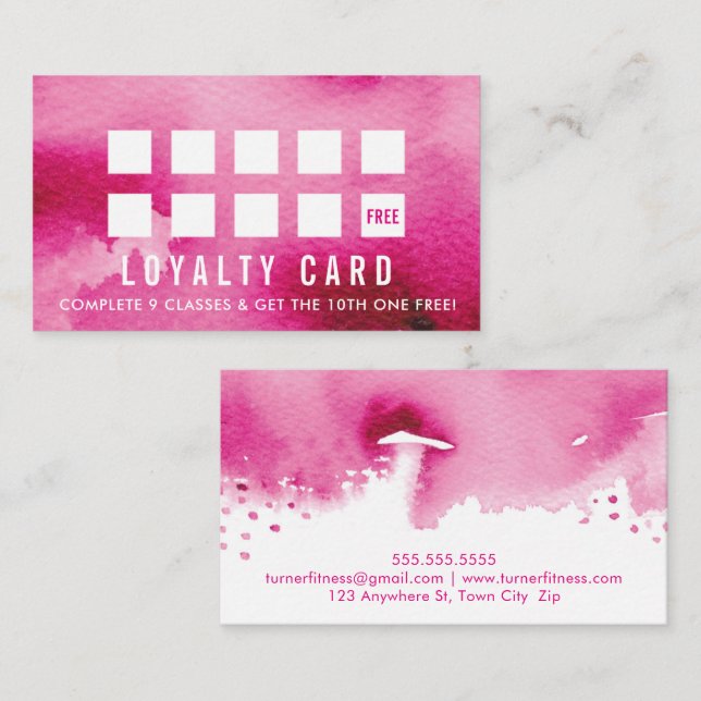 REWARD LOYALTY CARD, modernt målat rosa vattenfärg Lojalitetskort (Fram/baksida)