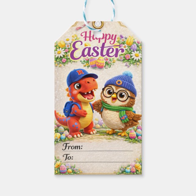 Rex and hoot happy Easter dinosaur and owl gift ta Presentetikett (Framsidan)