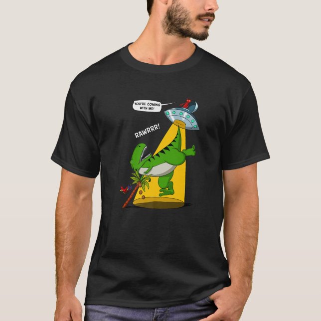 Rex Dinosaur Alien Abduction Funny UFO Utomjording T Shirt (Framsida)
