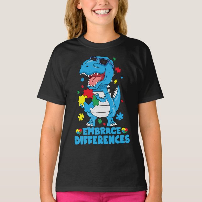 Rex Dinosaur Autism Awarenes T Shirt (Framsida)