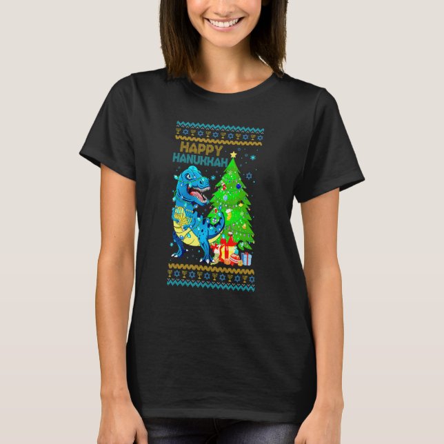 Rex Dinosaur Christmas Tree Happy Hanukkah Chanukk T Shirt (Framsida)