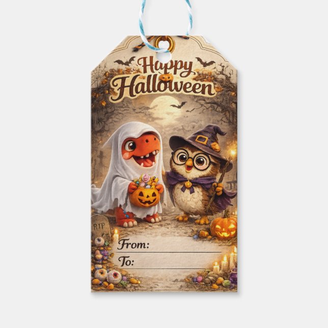 Rex och hoot Halloween spökdinosaurie där ugglan ä Presentetikett (Framsidan)