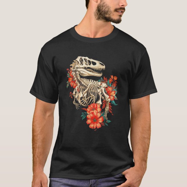 Rex Skeleton Bones Flowers Dino Paleontology Dinos T Shirt (Framsida)