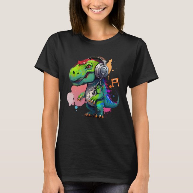 rex with headphones music cute dinosaur for kids t shirt (Framsida)
