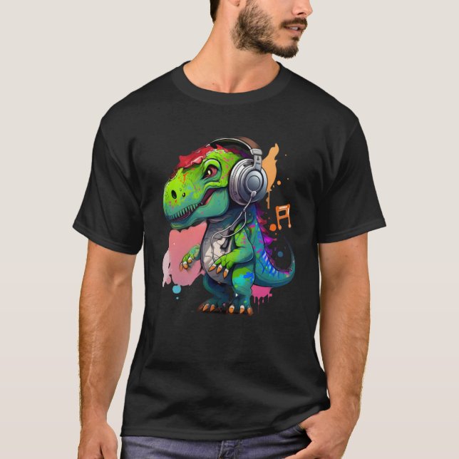 rex with headphones music cute dinosaur for kids t shirt (Framsida)