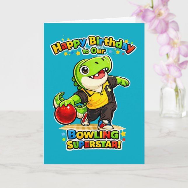 Rexy T-Rex Bowling Superstjärna | Födelsedags kort (Orkide)
