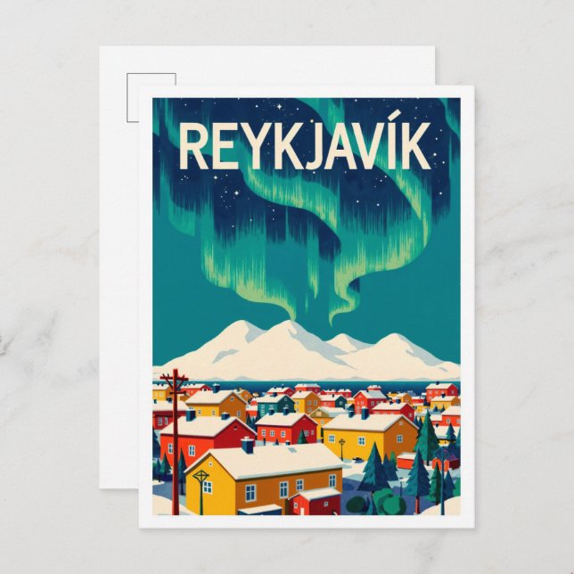 Reykjavik Island Art Vintage Illustration Travel Vykort (Fram/baksida)