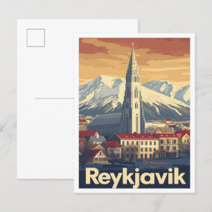 Reykjavik Island Art Vintage resor Illustration Vykort
