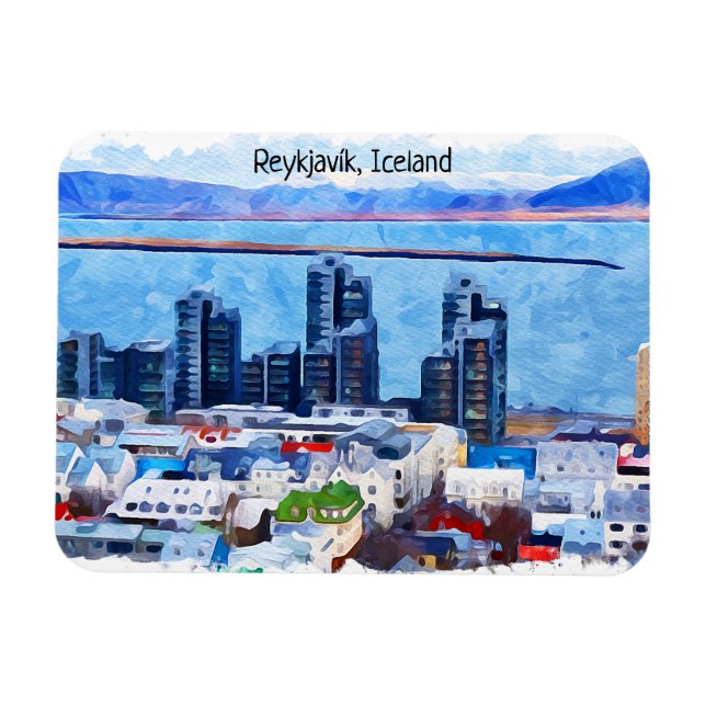 Reykjavík Island City View Watercolor Magnet (Horisontell)