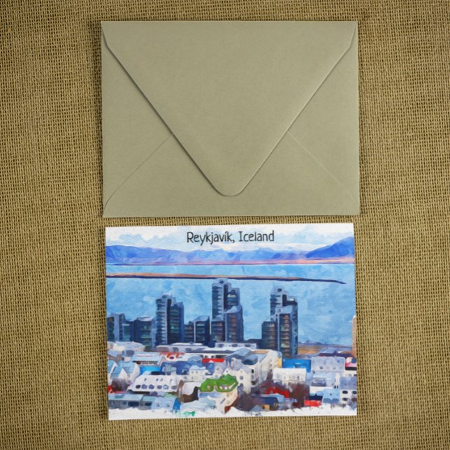 Reykjavík Island City View Watercolor Vykort (reykjavik iceland panorama view postcard)