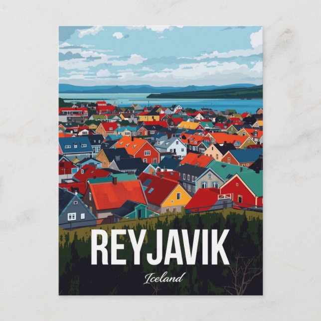 Reykjavik Island Färgrik Stadsscen Vykort (Framsida)