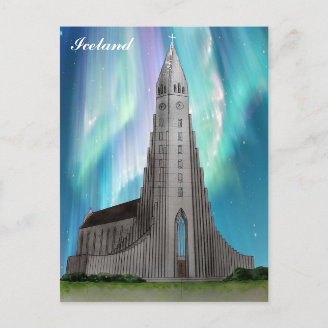 Reykjavik Island Islands Church Watercolor Vykort (Framsida)