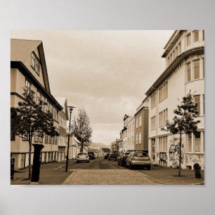 Reykjavik Island Street Scene Sepia Poster