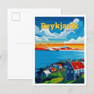 Reykjavik Island Travel Art Vintage Illustration Vykort