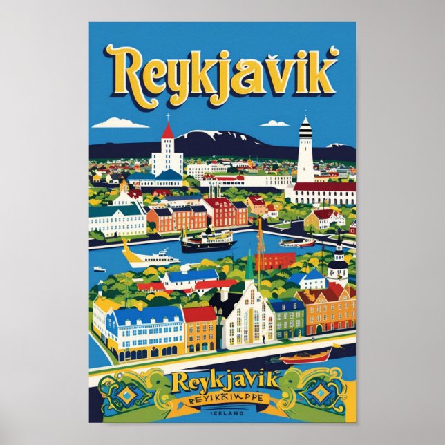 Reykjavík Island Travel Art Vintage Poster (Framsidan)