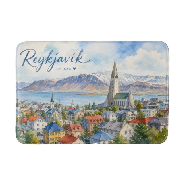 Reykjavik Island vattenfärg souvenir  Badrumsmatta (Framsidan)