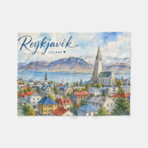 Reykjavik Island vattenfärg souvenir Fleecefilt
