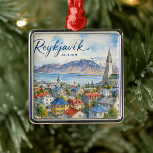 Reykjavik Island vattenfärg souvenir Julgransprydnad Metall