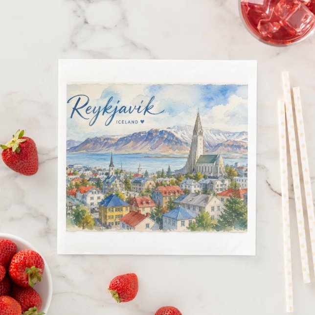 Reykjavik Island vattenfärg souvenir  Pappersservett (Insitu)