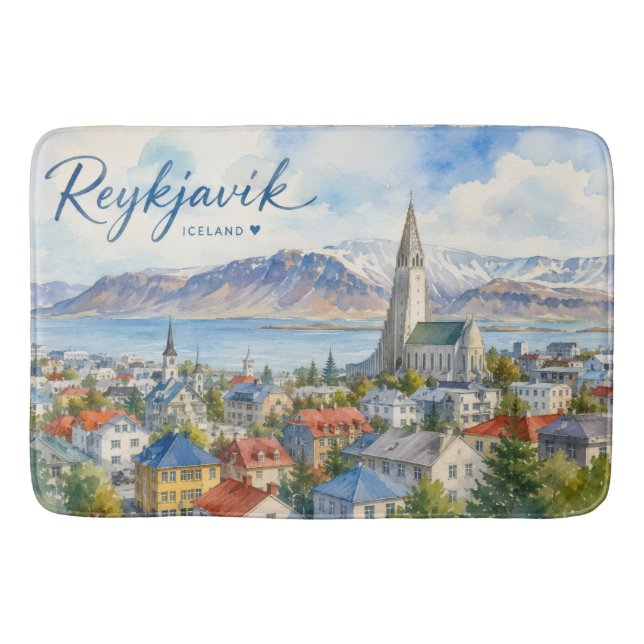 Reykjavik Island vattenfärgssouvenir  Badrumsmatta (Framsidan)
