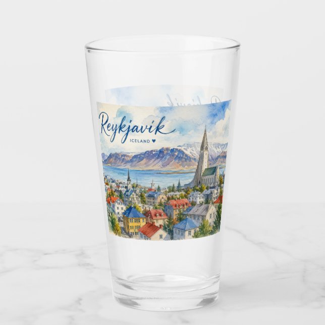 Reykjavik Island vattenfärgssouvenir  Glaskopp (Framsida)
